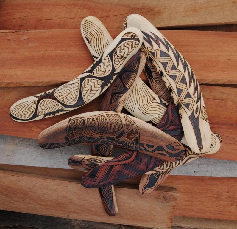 Artifacts made by Ngarga Warendj with South Eastern Aboriginal Designs.  Including Wangim (Boomerang), Malgarr (Shields) and Dhaal Galk ( Clapsticks or Music Sticks ) Made in Australia