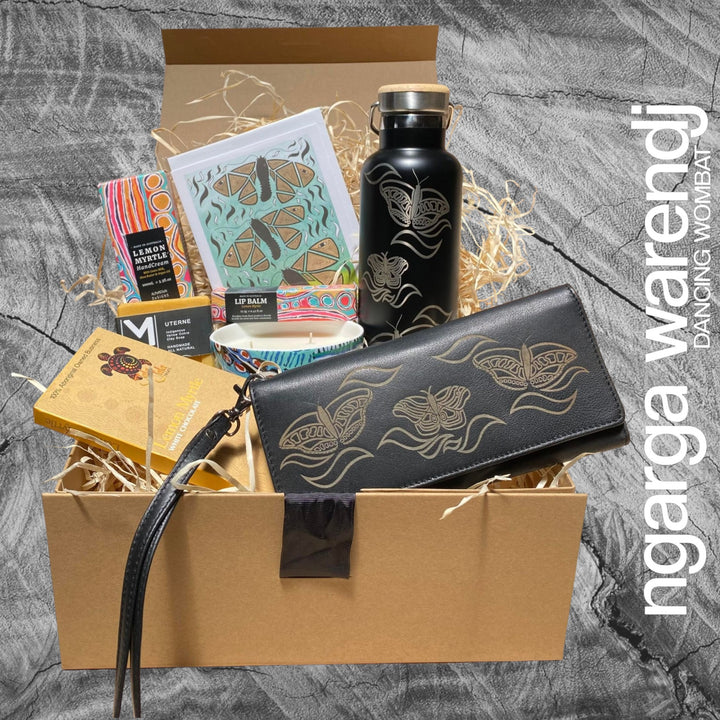 Ngarga Warendj Butterflies Gift Box Hamper - 3 PACK OPTIONS - SS Black Bottle, Candle, Ladies Purse, Lip Balm, Hand Cream, Soap, Chocolate & Card.