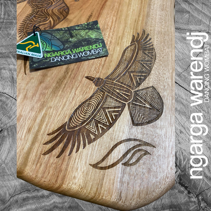CAMPHOR LAUREL & REDGUM BOARD WITH ONE HANDLE - BUNJIL THE WEDGE TAILED EAGLE & WAA THE CROW DESIGN