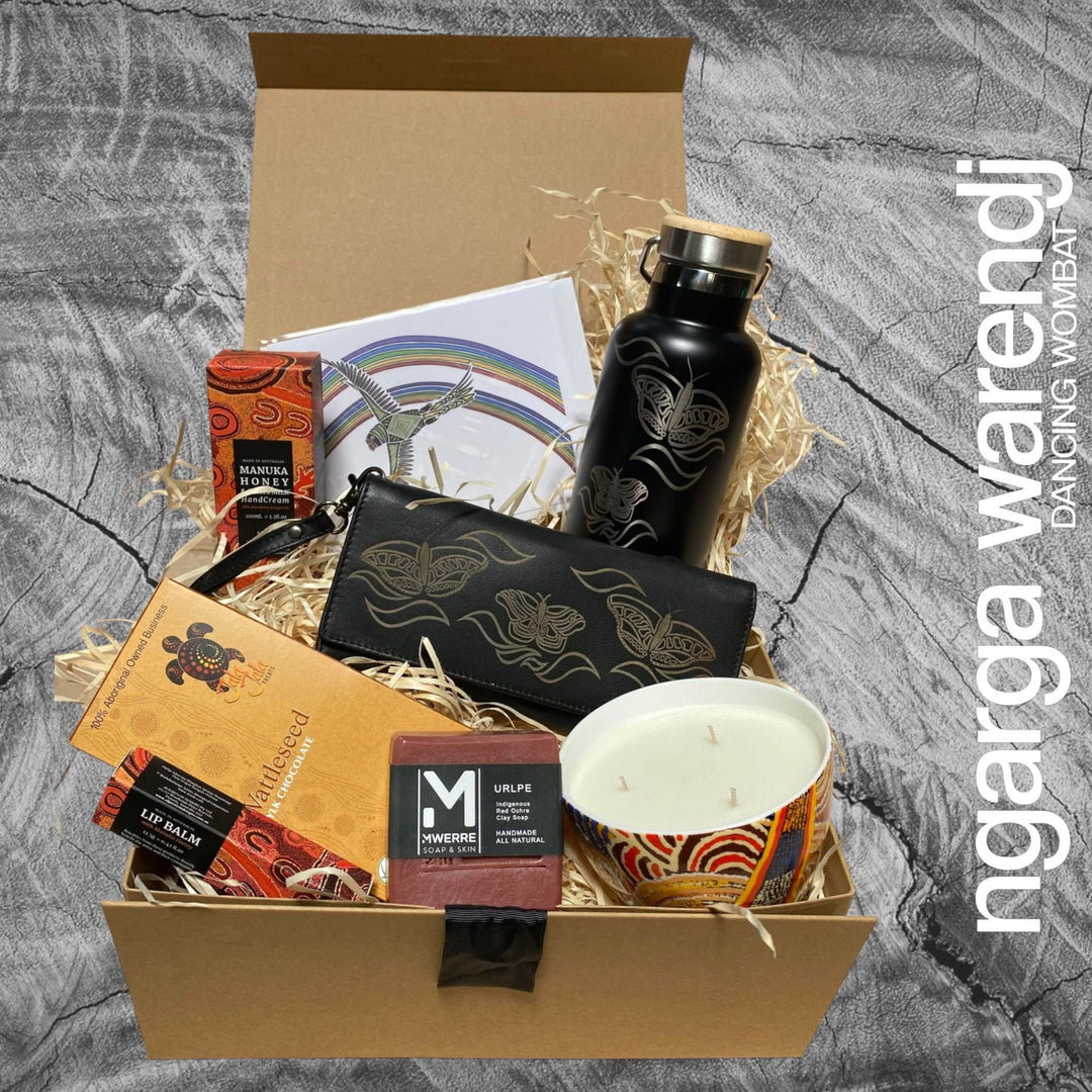 Ngarga Warendj Butterflies Gift Box Hamper - 3 PACK OPTIONS - SS Black Bottle, Candle, Ladies Purse, Lip Balm, Hand Cream, Soap, Chocolate & Card.