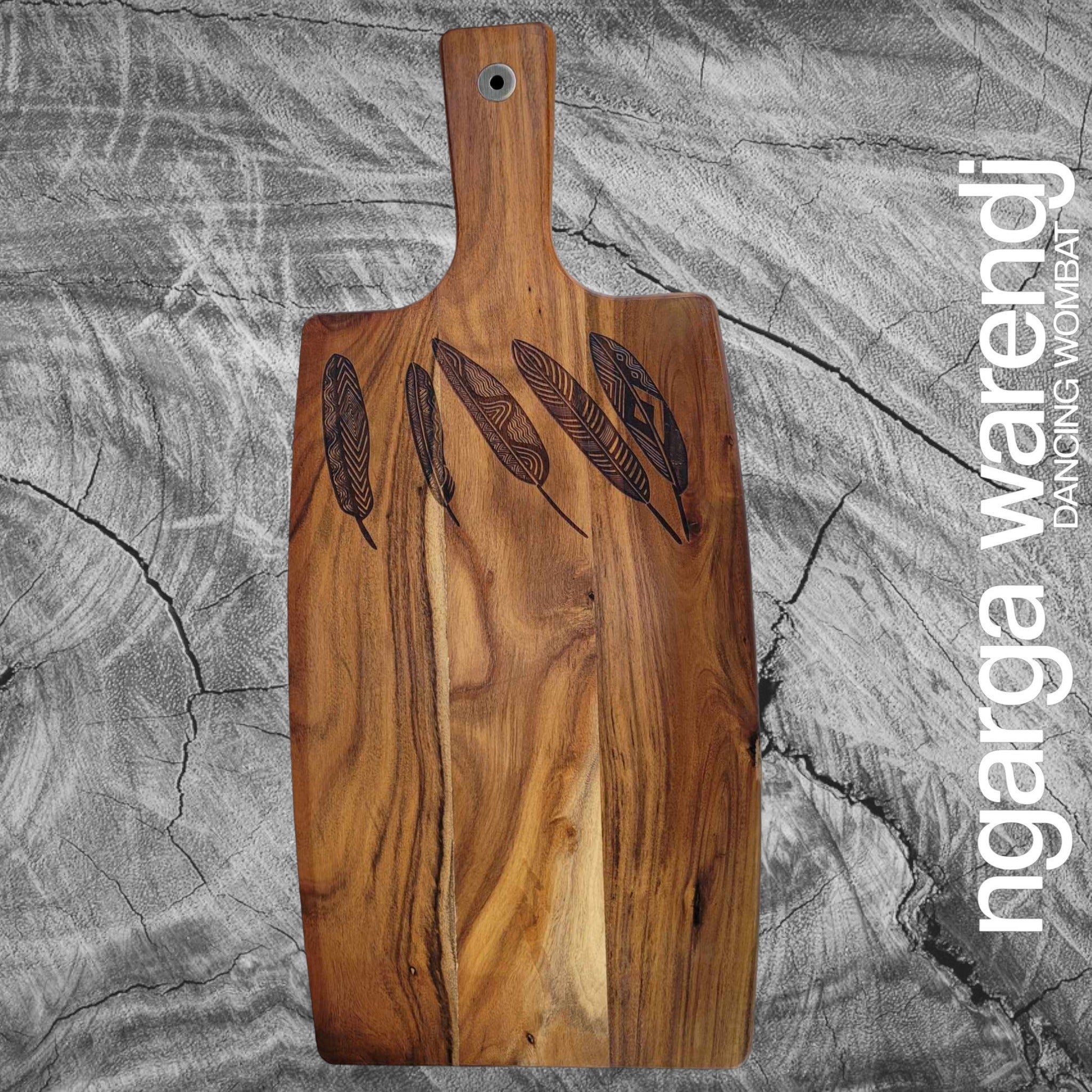 Wooden Paddle Board Rectangle Large Dancing Brolga Camphor Laurel 66x20x2.8cm - Ngarga Warendj