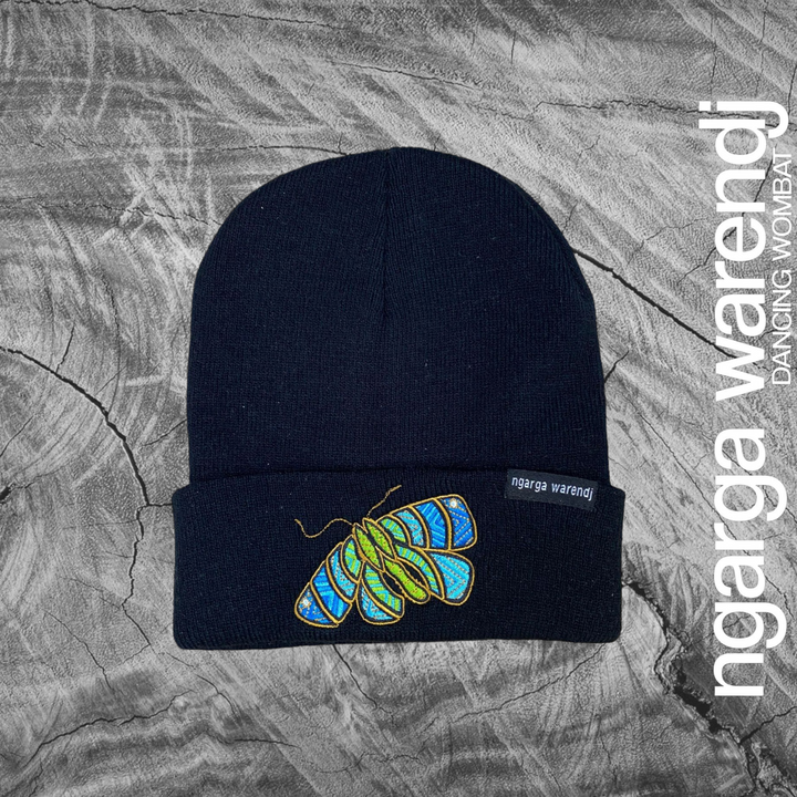 NGARGA WARENDJ BLACK BEANIE - BLUE DEBERER THE BOGONG MOTHS DESIGN