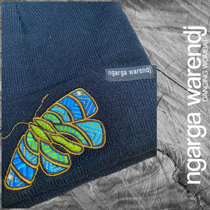 NGARGA WARENDJ BLACK BEANIE - BLUE DEBERER THE BOGONG MOTHS DESIGN