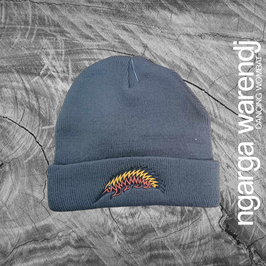 NGARGA WARENDJ BEANIE - SLATE GREY EMBRODIERED WITH GAWARRN THE ECHIDNA DESIGN