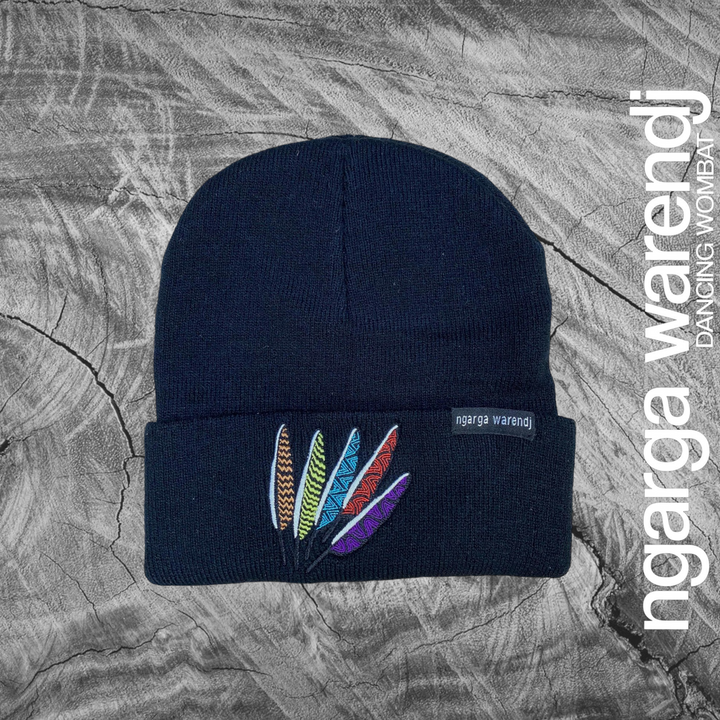 NGARGA WARENDJ BLACK BEANIE - EMBROIDERED WITH FEATHERS KULIN NATION DESIGN