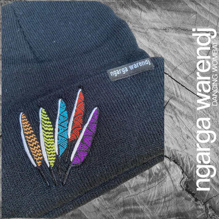 NGARGA WARENDJ BLACK BEANIE - EMBROIDERED WITH FEATHERS KULIN NATION DESIGN