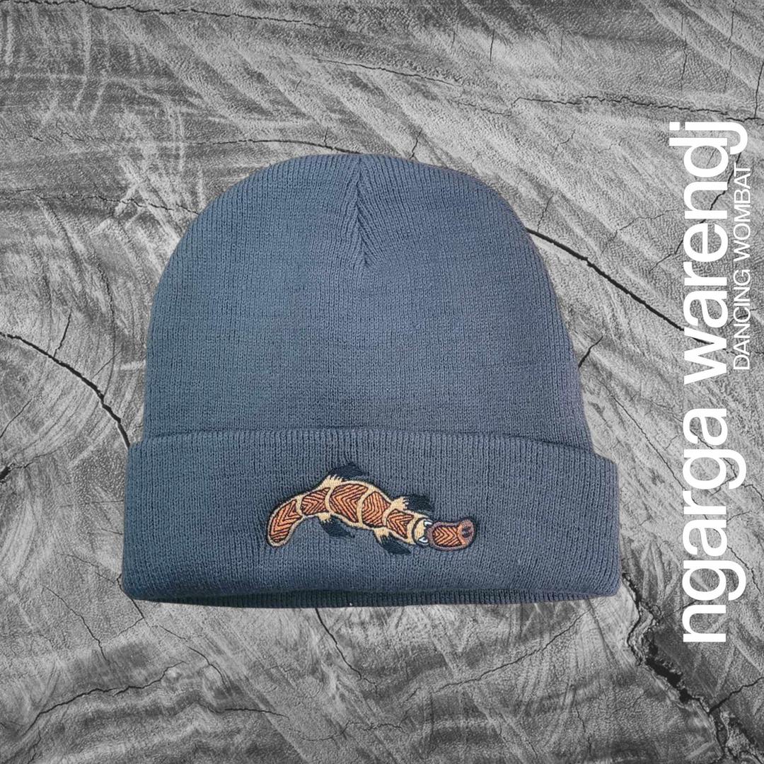 NGARGA WARENDJ BEANIE - SLATE GREY EMBROIDERED WITH BUDJA PLATYPUS BROWN DESIGN