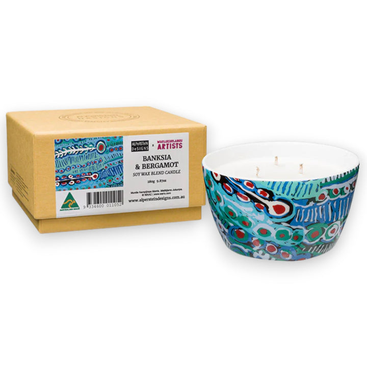 SOY CANDLE IN CERAMIC BOWL TRIPLE WICK  - ASSORTED ABORIGINAL ART DESIGNS