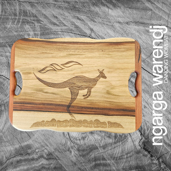 CAMPHOR LAUREL & REDGUM MEDIUM RECTANGLE BOARD WITH HANDLES - ASSORTED DESIGNS