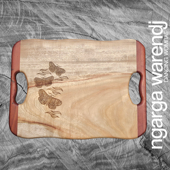 CAMPHOR LAUREL & REDGUM SMALL RECTANGLE BOARD WITH HANDLES - ASSORTED DESIGNS