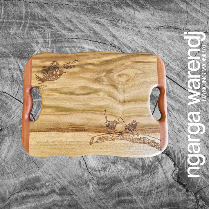 CAMPHOR LAUREL & REDGUM SMALL RECTANGLE BOARD WITH HANDLES - ASSORTED DESIGNS