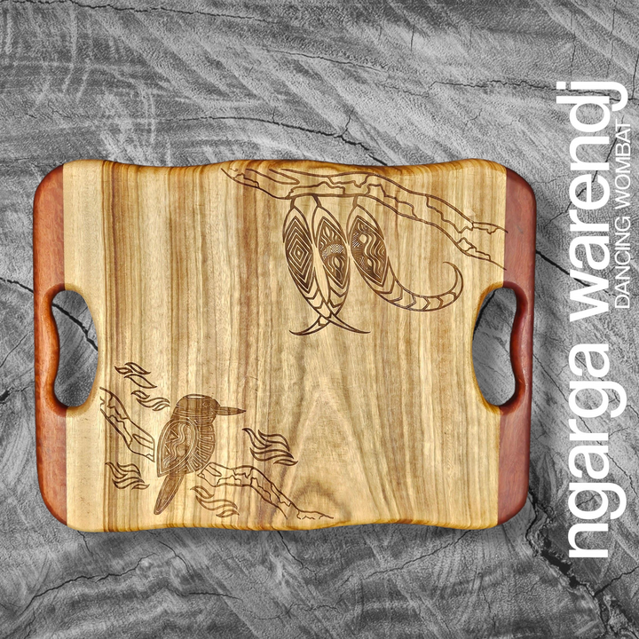 CAMPHOR LAUREL & REDGUM SMALL RECTANGLE BOARD WITH HANDLES - ASSORTED DESIGNS