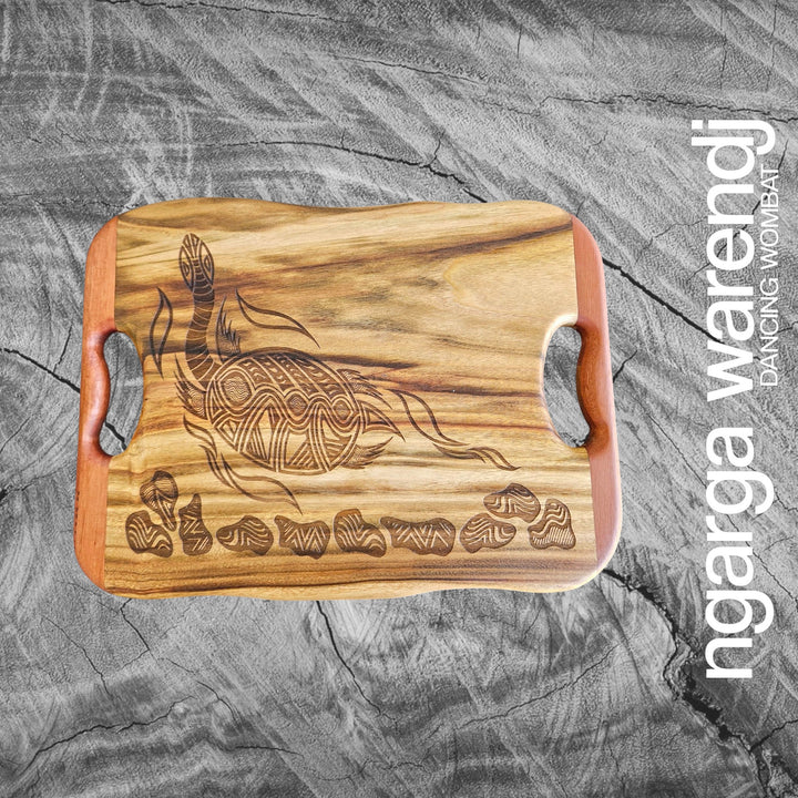 CAMPHOR LAUREL & REDGUM SMALL RECTANGLE BOARD WITH HANDLES - ASSORTED DESIGNS