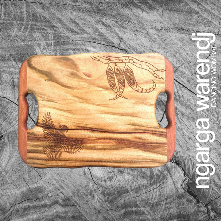 CAMPHOR LAUREL & REDGUM SMALL RECTANGLE BOARD WITH HANDLES - ASSORTED DESIGNS