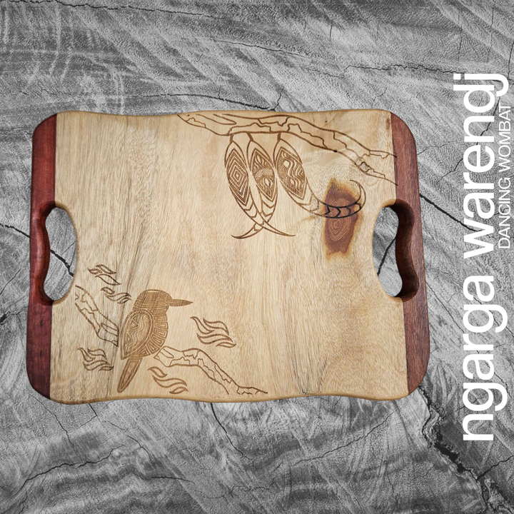 CAMPHOR LAUREL & REDGUM MEDIUM RECTANGLE BOARD WITH HANDLES - ASSORTED DESIGNS