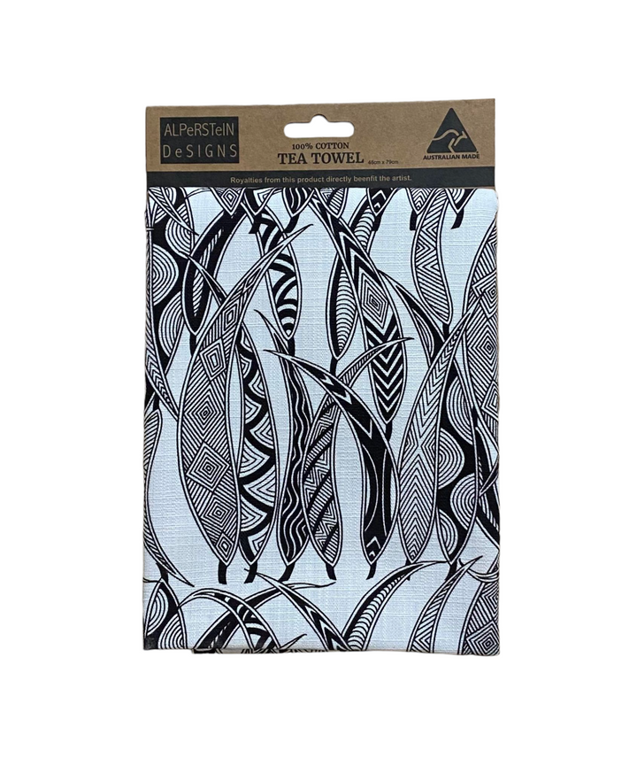 NGARGA WARENDJ DANCING WOMBAT TEA TOWEL with ALL OVER GUM LEAVES DESIGN