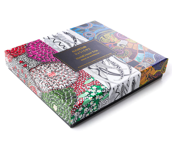 HAND CREAM TRIO IN GIFT BOX - BLUE WATTLE, EUCALYPTUS, GINGER  - ASSORTED ABORIGINAL ART DESIGNS AND FRAGRANCES