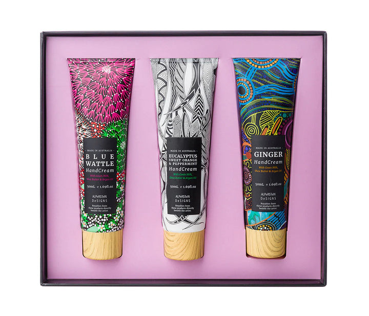 HAND CREAM TRIO IN GIFT BOX - BLUE WATTLE, EUCALYPTUS, GINGER  - ASSORTED ABORIGINAL ART DESIGNS AND FRAGRANCES