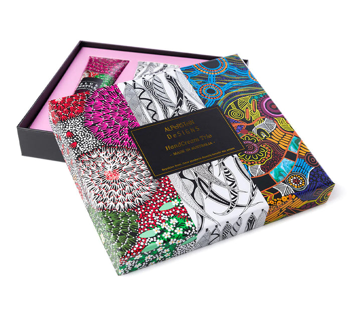 HAND CREAM TRIO IN GIFT BOX - BLUE WATTLE, EUCALYPTUS, GINGER  - ASSORTED ABORIGINAL ART DESIGNS AND FRAGRANCES