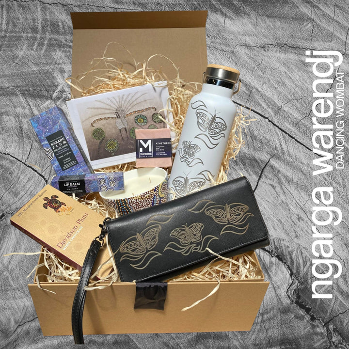 Ngarga Warendj Butterflies Gift Box Hamper - 3 PACK OPTIONS - SS White Bottle, Candle, Ladies Purse, Lip Balm, Hand Cream, Soap, Chocolate & Card.