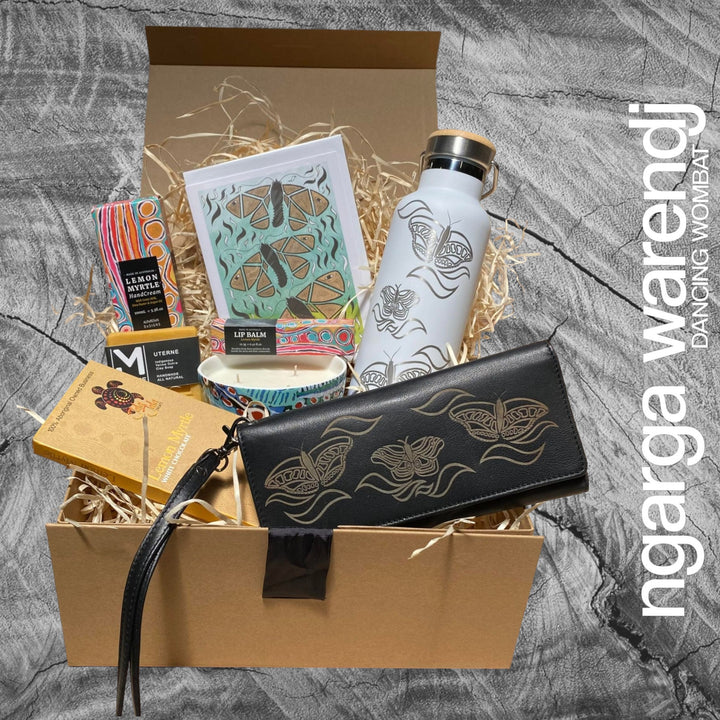 Ngarga Warendj Butterflies Gift Box Hamper - 3 PACK OPTIONS - SS White Bottle, Candle, Ladies Purse, Lip Balm, Hand Cream, Soap, Chocolate & Card.
