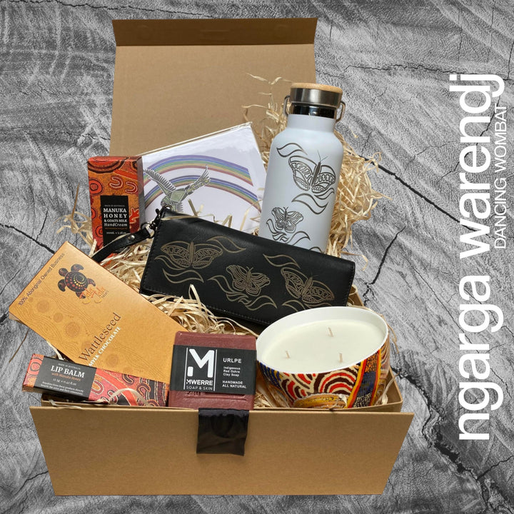Ngarga Warendj Butterflies Gift Box Hamper - 3 PACK OPTIONS - SS White Bottle, Candle, Ladies Purse, Lip Balm, Hand Cream, Soap, Chocolate & Card.