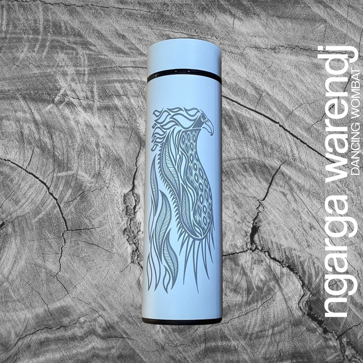 DOUBLE WALLED INSULATED STAINLESS STEEL FLASK WITH INFUSER 500ML - BUNJIL THE WEDGE TAILED EAGLE DESIGN - BLACK OR WHITE