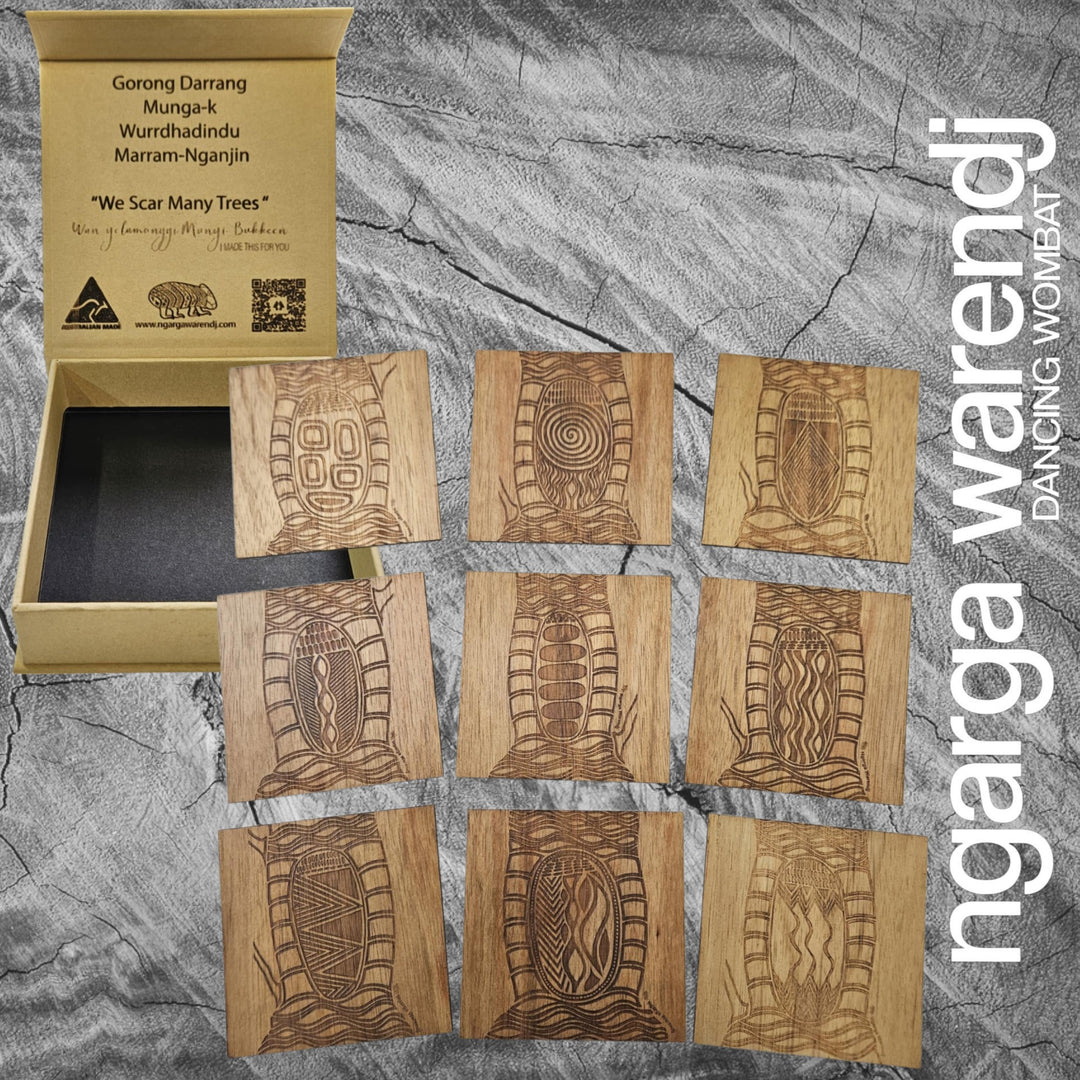 Ngarga Warendj We Scar Many Trees Square Coasters Set of 9 - Acacia Blackwood Timber