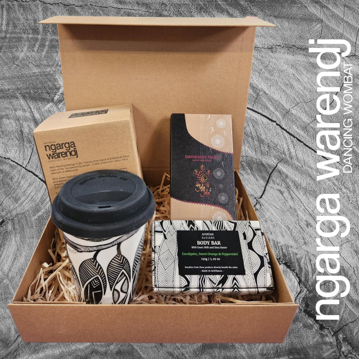 Ngarga Warendj Gift Box Mug or Keep Cup, Indigiearth Tea, Chocolate and Body Bar Hamper Pack