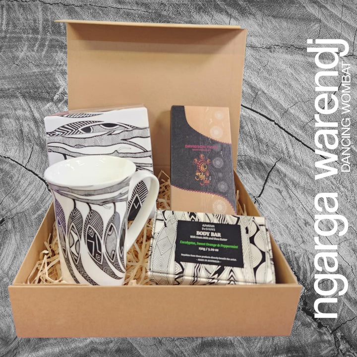 Ngarga Warendj Gift Box Mug or Keep Cup, Indigiearth Tea, Chocolate and Body Bar Hamper Pack