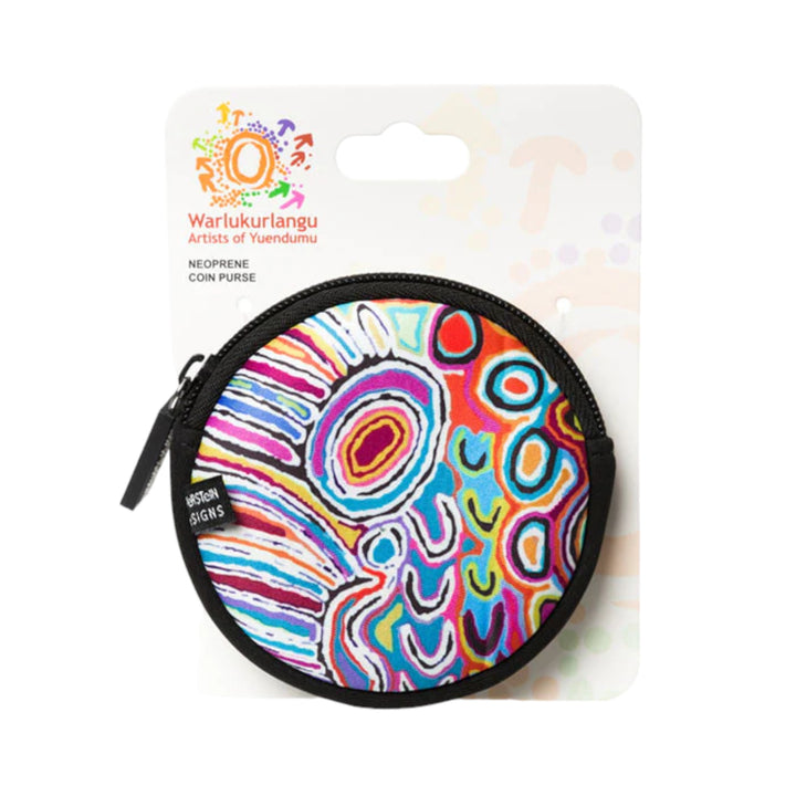 COIN PURSE NEOPRENE- ASSORTED ABORIGINAL ART DESIGNS BY WARLUKURLANGU ARTISTS YUENDUMU