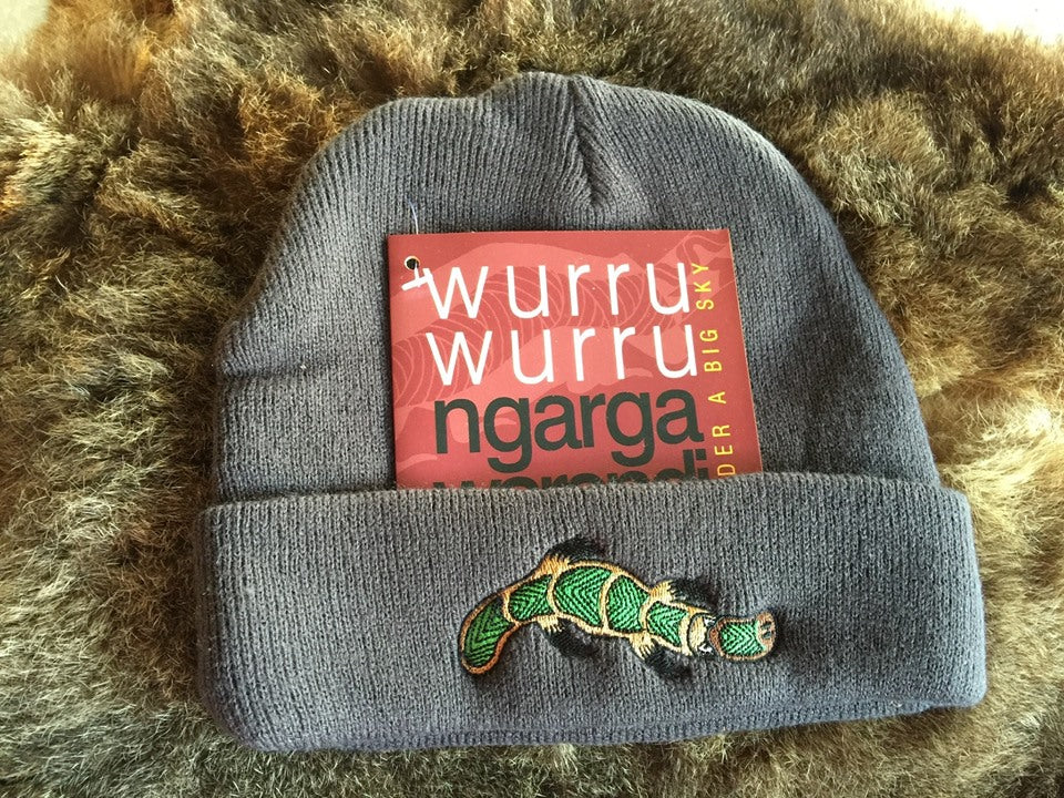 NGARGA WARENDJ BEANIE - SLATE GREY EMBROIDERED WITH BUDJA PLATYPUS GREEN DESIGN