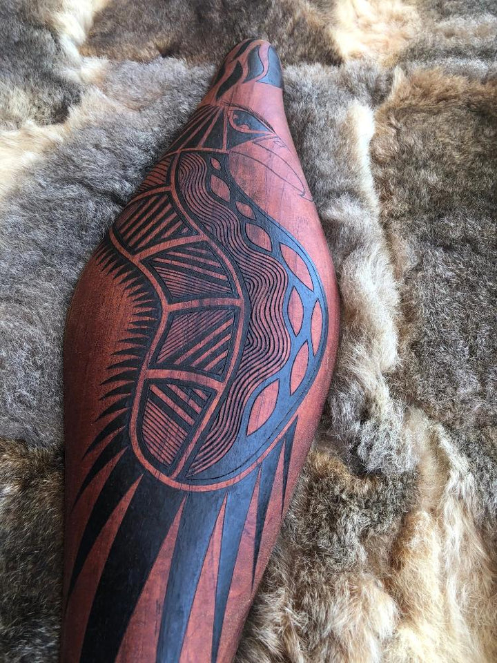 Australian Red Cedar Parrying Malgarr with Bunjil the Wedge Tailed Eagle Design. and Made in Australia by Ngarga Warendj Dancing Wombat - Victorian Taungurung artist Mick Harding.