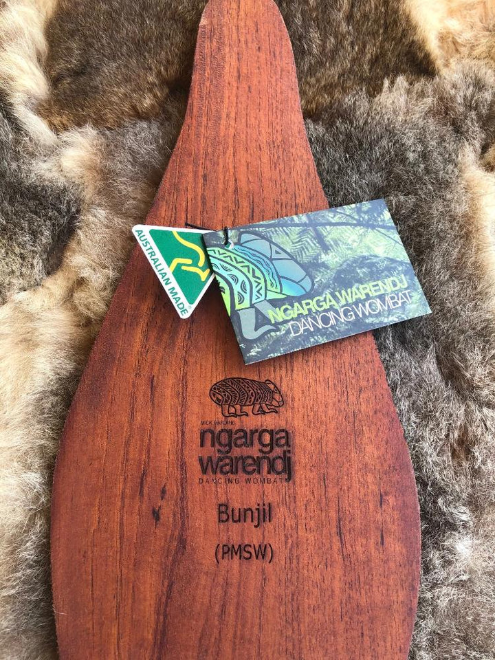 Australian Red Cedar Parrying Malgarr with Bunjil the Wedge Tailed Eagle Design. and Made in Australia by Ngarga Warendj Dancing Wombat - Victorian Taungurung artist Mick Harding.