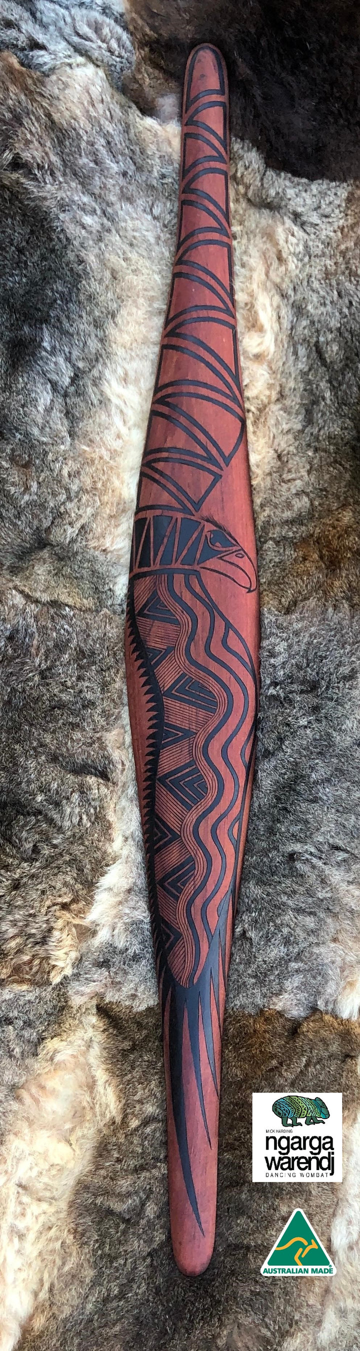 Traditionally malgarr ( shields ) were used with liyangayil  (fighting clubs) for hand to hand combat with our enemies.   I have replicated the shape of these shields in my artwork.  Bundjil the wedge tailed eagle created the Earth and all the  living things in it.