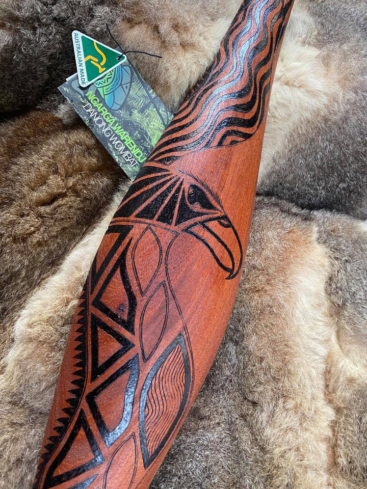Ngarga Warendj Dancing Wombat Medium Parrying Malgarr with Bunjil the Wedge Tailed Eagle Design. Mick Harding South East Aboriginal Art