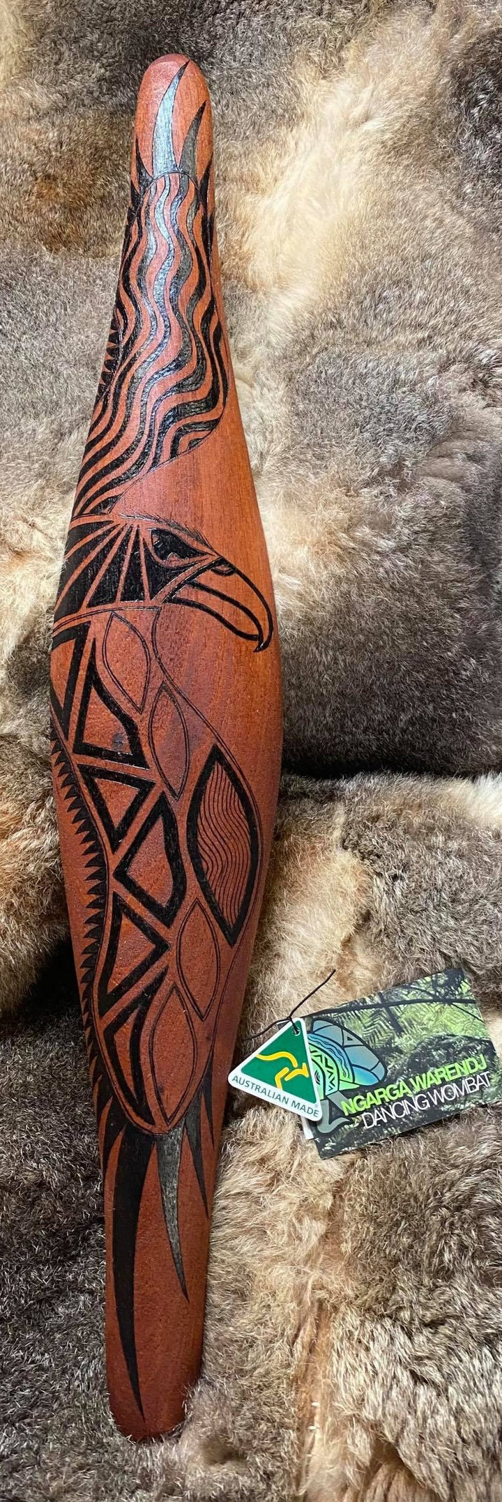 Ngarga Warendj Dancing Wombat Medium Parrying Malgarr with Bunjil the Wedge Tailed Eagle Design.   Mick Harding South East Aboriginal Art