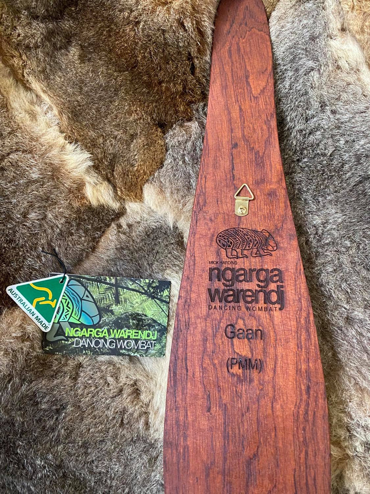 Australian Red Cedar Parrying Malgarr with Gaan the Snake Design. Designed and Made in Australia by Ngarga Warendj Dancing Wombat - Victorian Taungurung artist Mick Harding.
