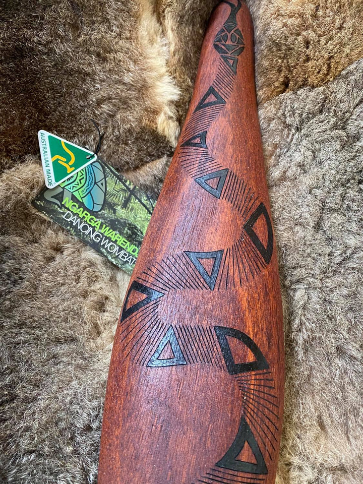Australian Red Cedar Parrying Malgarr with Gaan the Snake Design.   Designed and Made in Australia by Ngarga Warendj Dancing Wombat - Victorian Taungurung artist Mick Harding.