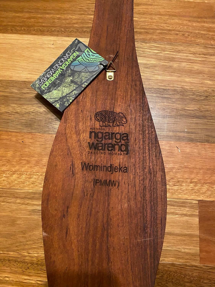 Parrying Malgarr Shield with Womindjeka Gum Leaves Design. Traditionally malgarr ( shields ) were used with liyangayil ( fighting clubs) for hand to hand combat with our enemies. I have replicated the shape of these shields in my artwork.