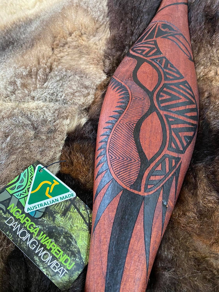Ngarga Warendj Dancing Wombat Small Parrying Malgarr with Bunjil the Wedge Tailed Eagle Design. Mick Harding South East Aboriginal Art