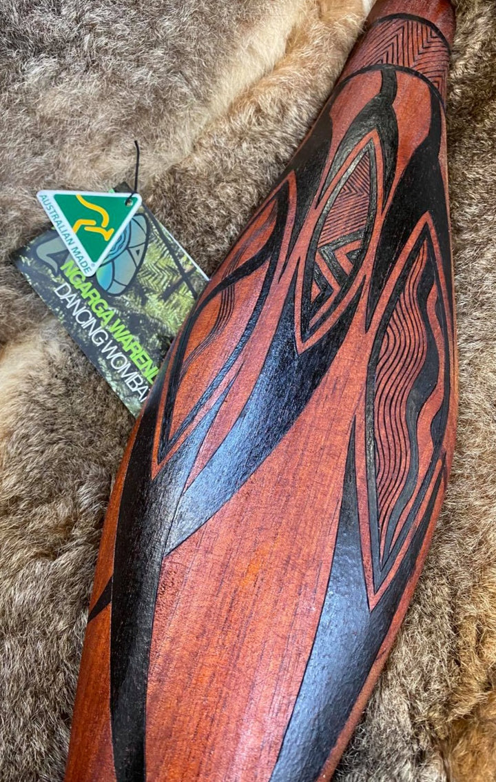 Many Gum Leaves “Djerrang-U Wurrdhadindu” Green gum leaves are burnt in a “darnuk” or wooden bowl. This creates smoke, which we invite visitors to walk through to be cleansed and welcomed to our country. Womindjeka - Welcome. Ngarga Warendj Dancing Wombat Mick Harding South East Aboriginal Art