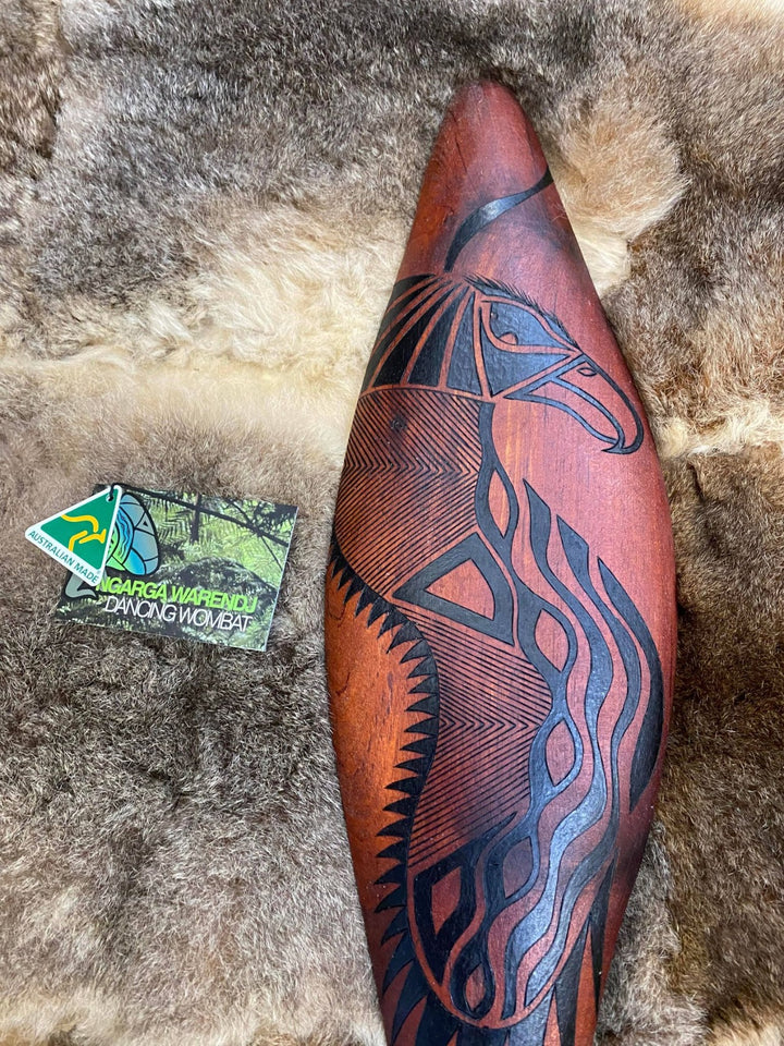 Australian Red Cedar Parrying Malgarr with Bunjil the Wedge Tailed Eagle Design. and Made in Australia by Ngarga Warendj Dancing Wombat - Victorian Taungurung artist Mick Harding.