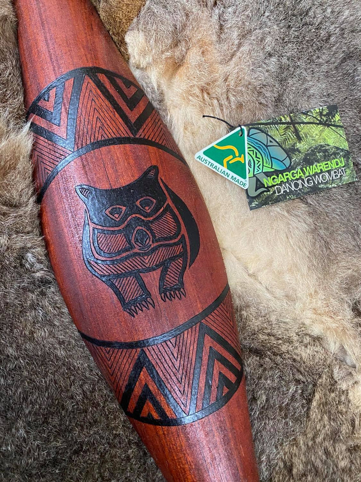 Ngarga Warendj Dancing Wombat Small Parrying Malgarr with Warriin the Wombat Design. Mick Harding South East Aboriginal Art