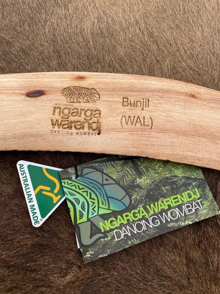 Large Bundjil the Wedge Tailed Eagle Wangim / Boomerang. Made from Stringybark timber.  Hand Crafted in Australia.  All artefacts come with an information card.  The card has information about the artist, artefact and design. All our wangim are made from timber collected from tree roots or branches that have a natural bend. All designs are based on traditional symbols from South East Australia
