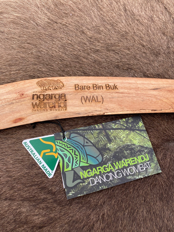 Large BareBin Buk the Turtle  Wangim / Boomerang. Made from Stringybark  timber.  Hand Crafted in Australia.  All artefacts come with an information card.  The card has information about the artist, artefact and design. All our wangim are made from timber collected from tree roots or branches that have a natural bend. All designs are based on traditional symbols from South East Australia