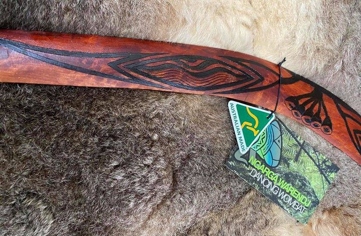 Large Womindjeka Gum Leaves Wangim / Boomerang. Hand Crafted in Australia by Ngarga Warendj. All our wangim are made from timber collected from tree roots or branches that have a natural bend. All designs are based on traditional symbols from South East Australia