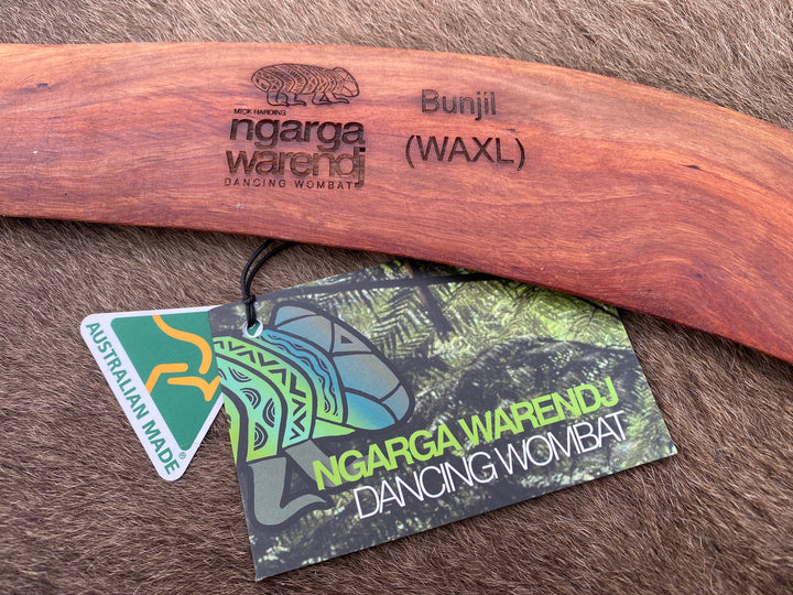 X-Large Bundjil the Wedge Tailed Eagle Wangim / Boomerang. Made from Redgum timber.  Hand Crafted in Australia.  All artefacts come with an information card.  The card has information about the artist, artefact and design. All our wangim are made from timber collected from tree roots or branches that have a natural bend. All designs are based on traditional symbols from South East Australia