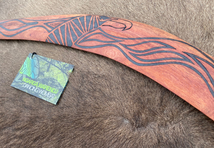 X-Large Bundjil the Wedge Tailed Eagle Wangim / Boomerang. Made from Redgum timber.  Hand Crafted in Australia.  All artefacts come with an information card.  The card has information about the artist, artefact and design. All our wangim are made from timber collected from tree roots or branches that have a natural bend. All designs are based on traditional symbols from South East Australia
