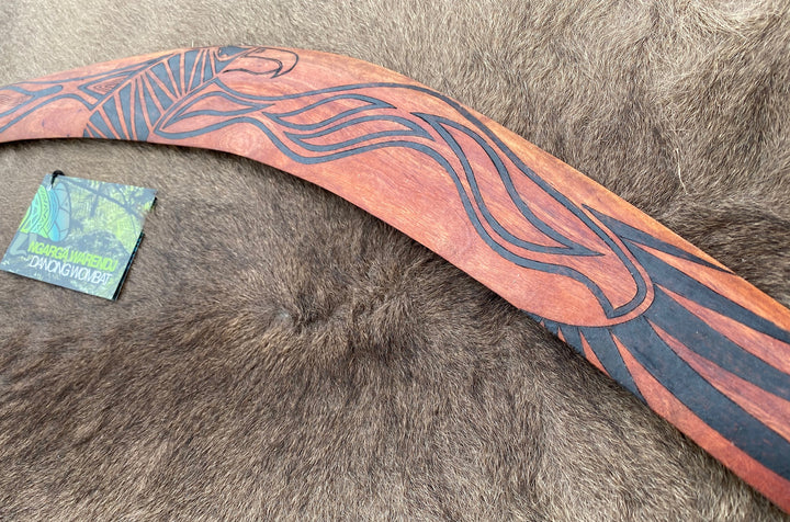 X-Large Bundjil the Wedge Tailed Eagle Wangim / Boomerang. Made from Redgum timber.  Hand Crafted in Australia.  All artefacts come with an information card.  The card has information about the artist, artefact and design. All our wangim are made from timber collected from tree roots or branches that have a natural bend. All designs are based on traditional symbols from South East Australia